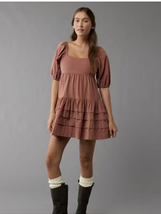 American Eagle Outfitters Dresses & Skirts - American Eagle Outfitters Dusty Rose Corduroy Puff-Sleeve Dress With Ruffles, M